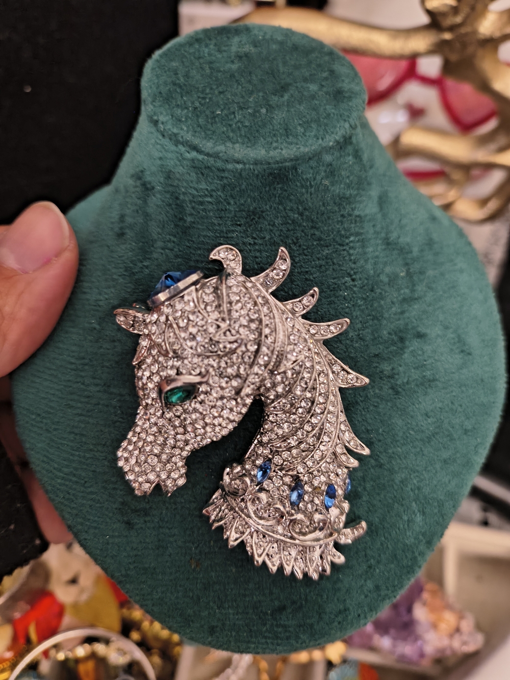 Limited EditSilver Crystal Horse Head Brooch &Pendant with Blue and Green Stones